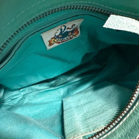 Vintage Consuela Leather Shoulder Tote Bag Teal With Colorful Flower Embroidery - Picture 16 of 16